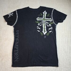 Raw State Redemption Mens Large Black Graphic T-Shirt Cross Wings Whipstitch Y2K